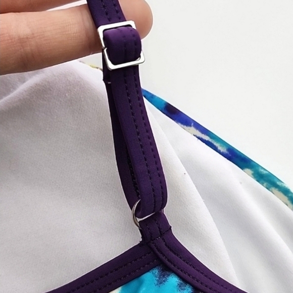 Speedo One Piece Swimsuit Multi Blue Teal  Trim V-Neck Adjustable Straps Size 8 - Picture 7 of 14